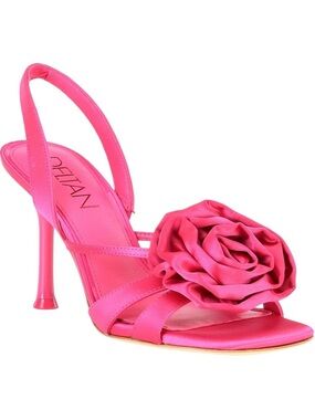 NWOB $110 Deltan Pink Satin Rose Slingback Sandals – Size 6.5